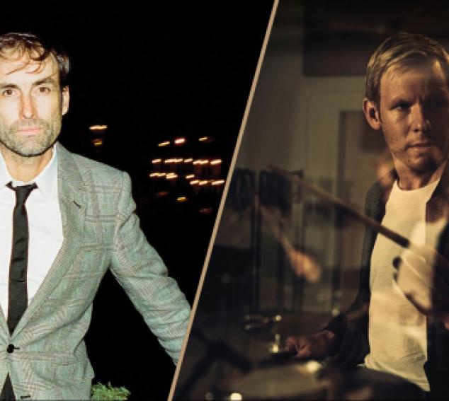 Collage of two musicians. On left, a musician in a grey suit. On right, a musician sitting at a drum set looking away from camera.